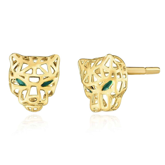 14K Real Gold Green Eyes Geometric Panther Stud Earrings 9mm