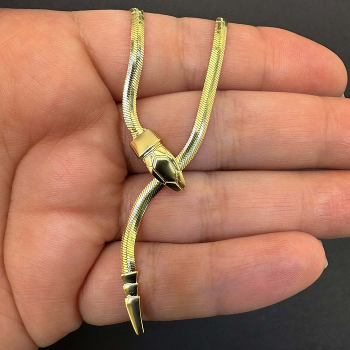 14K Yellow Gold Unique Snake Herringbone Necklace (Solid Links) 18" Adjustable - WJD Exclusives