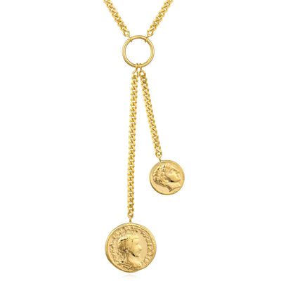 14K Yellow Gold Dual Coin Cuban Medallion Necklace (Solid Links) 16" - 18" Adjustable - WJD Exclusives