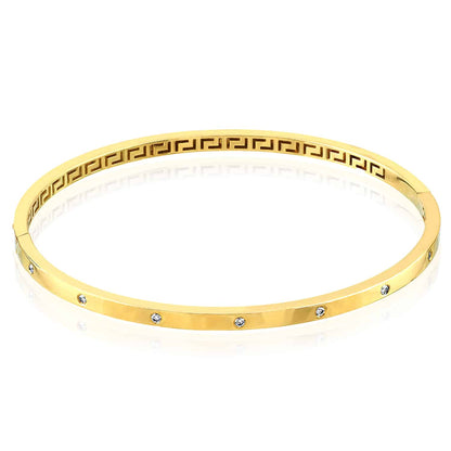 0.20CTW Real Diamond 4mm 14K Real Gold Yellow Greek Pattern Bangle Bracelet 7"