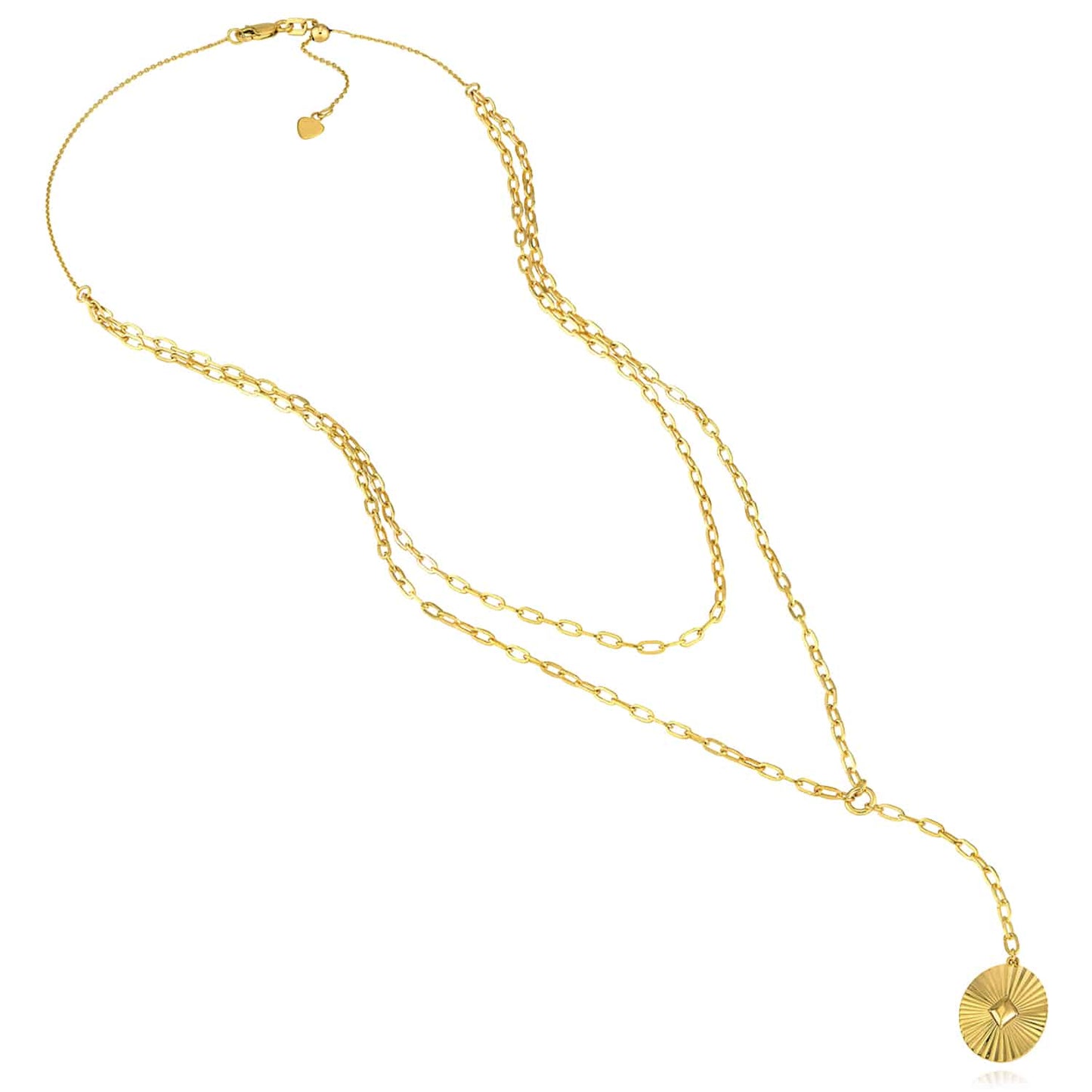 14K Real Gold Double-Layer Paperclip Pendant Chain Necklace 16"-17" Adjustable
