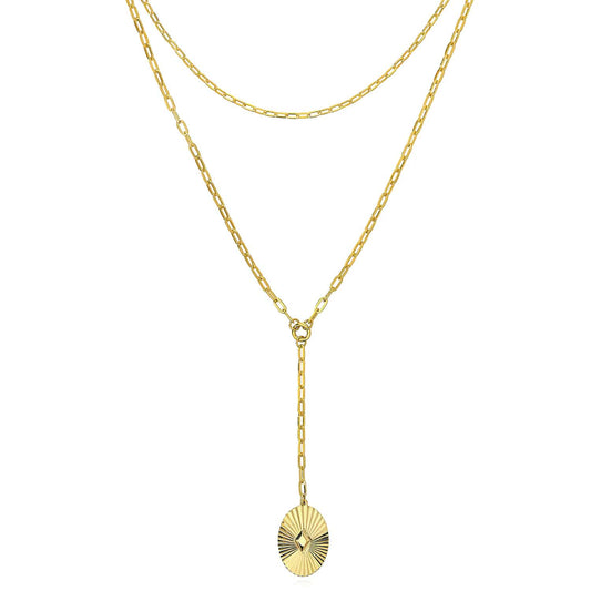 14K Real Gold Double-Layer Paperclip Pendant Chain Necklace 16"-17" Adjustable