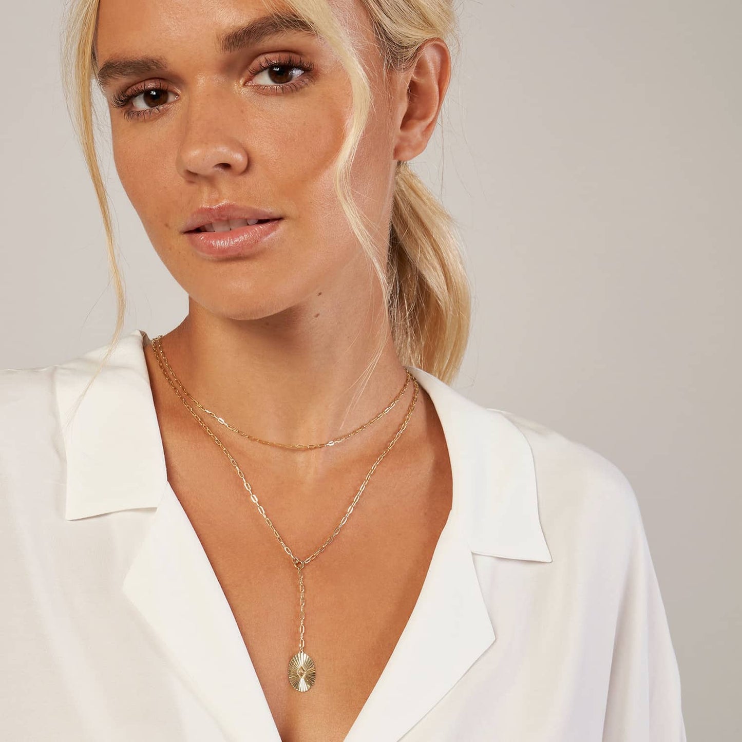 14K Real Gold Double-Layer Paperclip Pendant Chain Necklace 16"-17" Adjustable