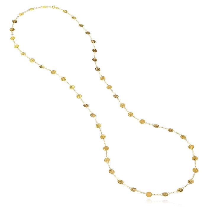 14K Yellow Gold 2mm Cable Textured Discs Charms Necklace (Solid Links) 36" - WJD Exclusives