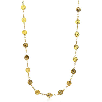 14K Yellow Gold 2mm Cable Textured Discs Charms Necklace (Solid Links) 36" - WJD Exclusives