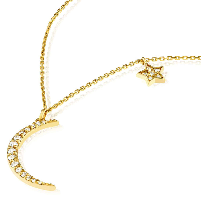 Natural Diamond 14K Yellow Gold Crescent Moon Star Charms Necklace (Solid Links) 16" - 18" Adjustable - WJD Exclusives