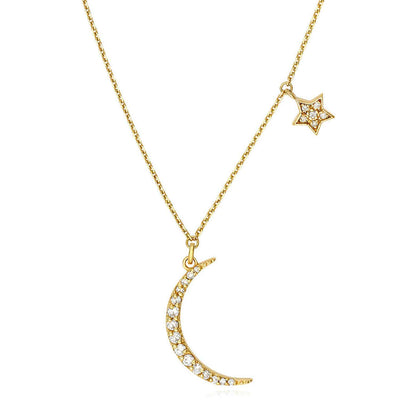 Natural Diamond 14K Yellow Gold Crescent Moon Star Charms Necklace (Solid Links) 16" - 18" Adjustable - WJD Exclusives