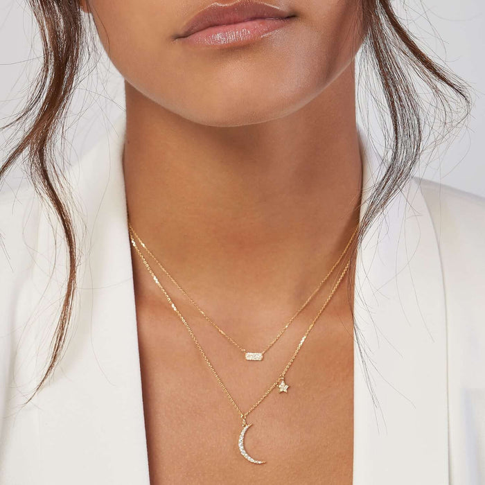 Natural Diamond 14K Yellow Gold Crescent Moon Star Charms Necklace (Solid Links) 16" - 18" Adjustable - WJD Exclusives