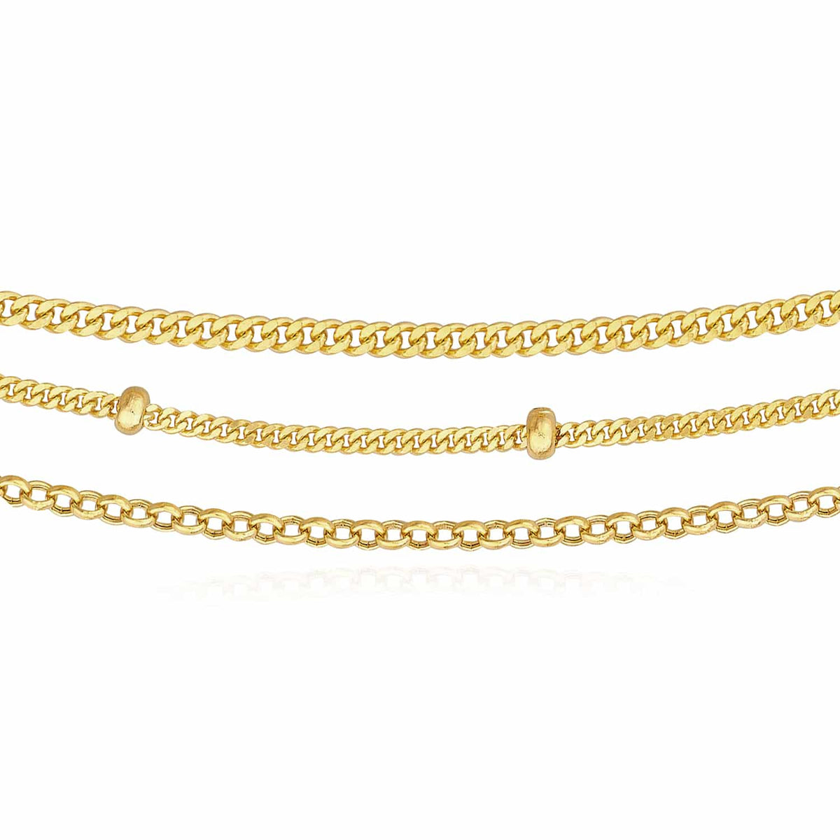 14K Yellow Gold Triple - Strand Cuban Curb Saturn Rolo Necklace (Solid Links) 16" - 18" Adjustable - WJD Exclusives