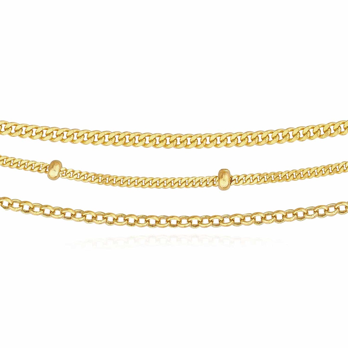 14K Real Gold Triple-Strand Cuban-Curb Saturn Rolo Necklace 16"-18" Adjustable