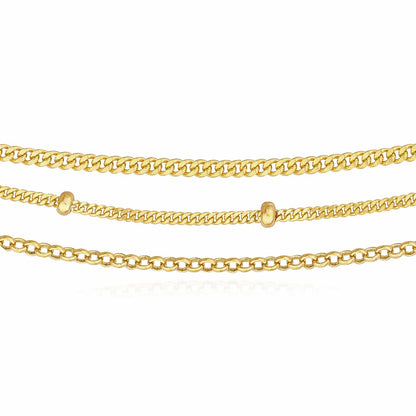 14K Real Gold Triple-Strand Cuban-Curb Saturn Rolo Necklace 16"-18" Adjustable