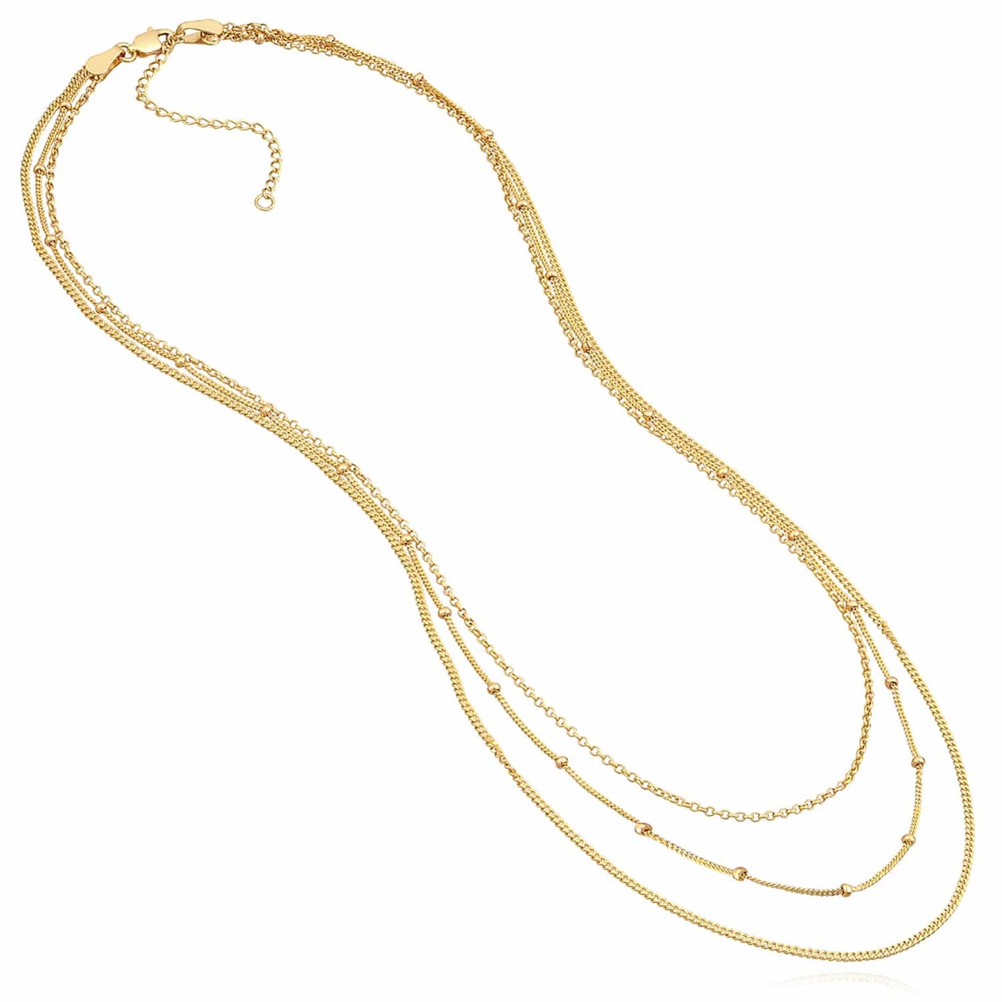 14K Real Gold Triple-Strand Cuban-Curb Saturn Rolo Necklace 16"-18" Adjustable