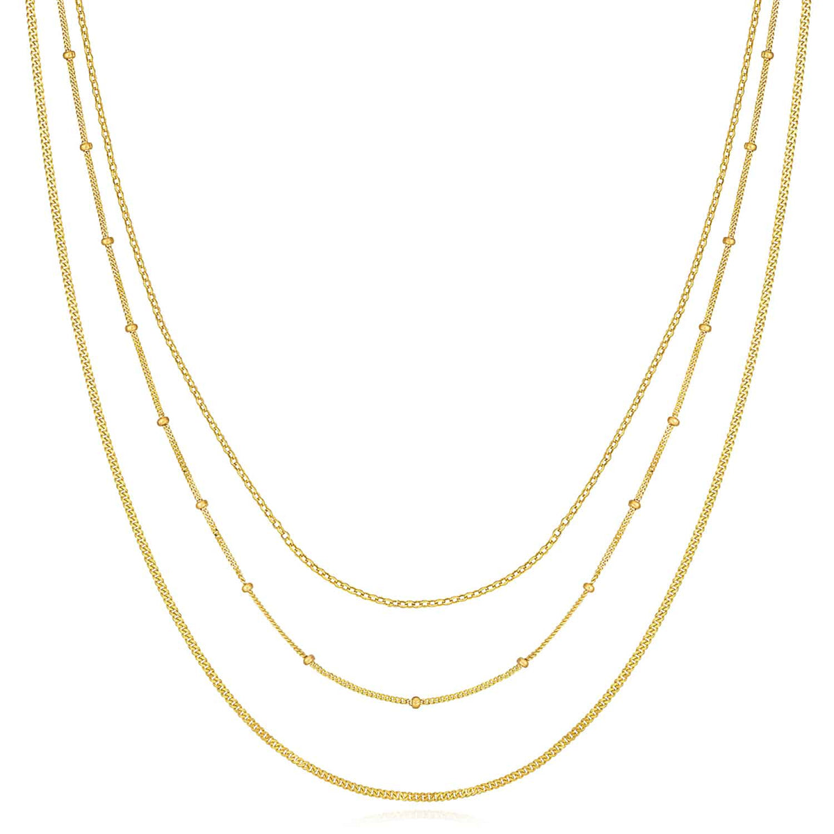 14K Yellow Gold Triple - Strand Cuban Curb Saturn Rolo Necklace (Solid Links) 16" - 18" Adjustable - WJD Exclusives