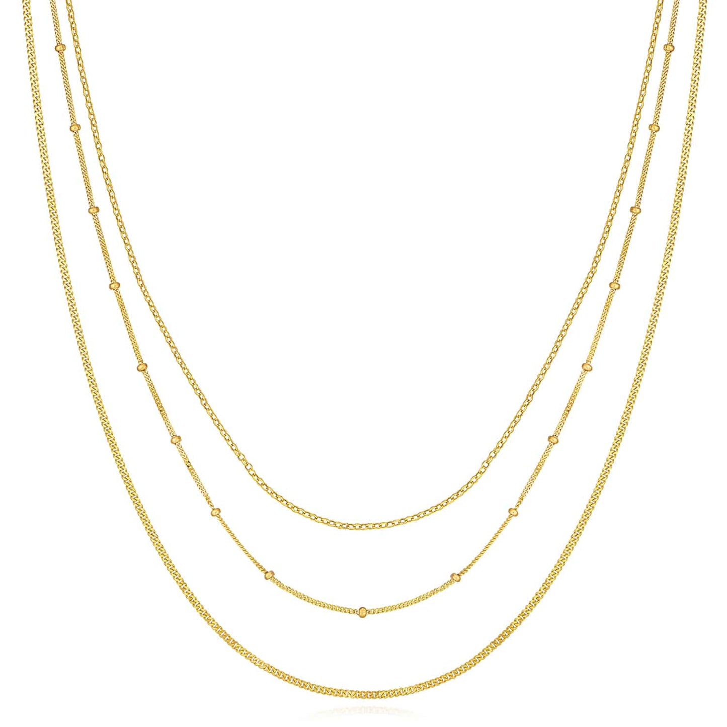 14K Real Gold Triple-Strand Cuban-Curb Saturn Rolo Necklace 16"-18" Adjustable