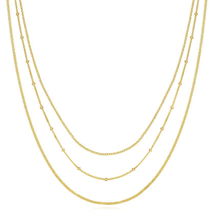 14K Real Gold Triple-Strand Cuban-Curb Saturn Rolo Necklace 16"-18" Adjustable