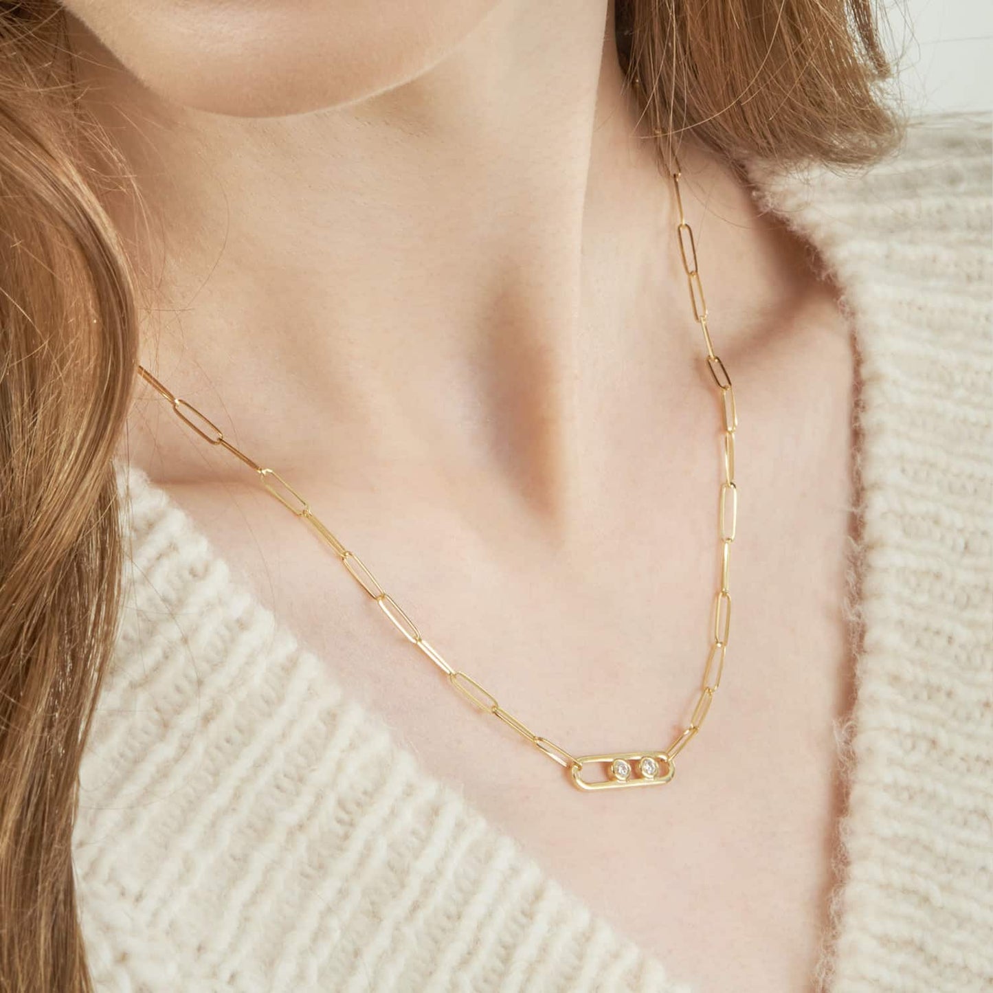 0.12CTW Real Diamond 14K Real Gold Paperclip Pendant Necklace 18"
