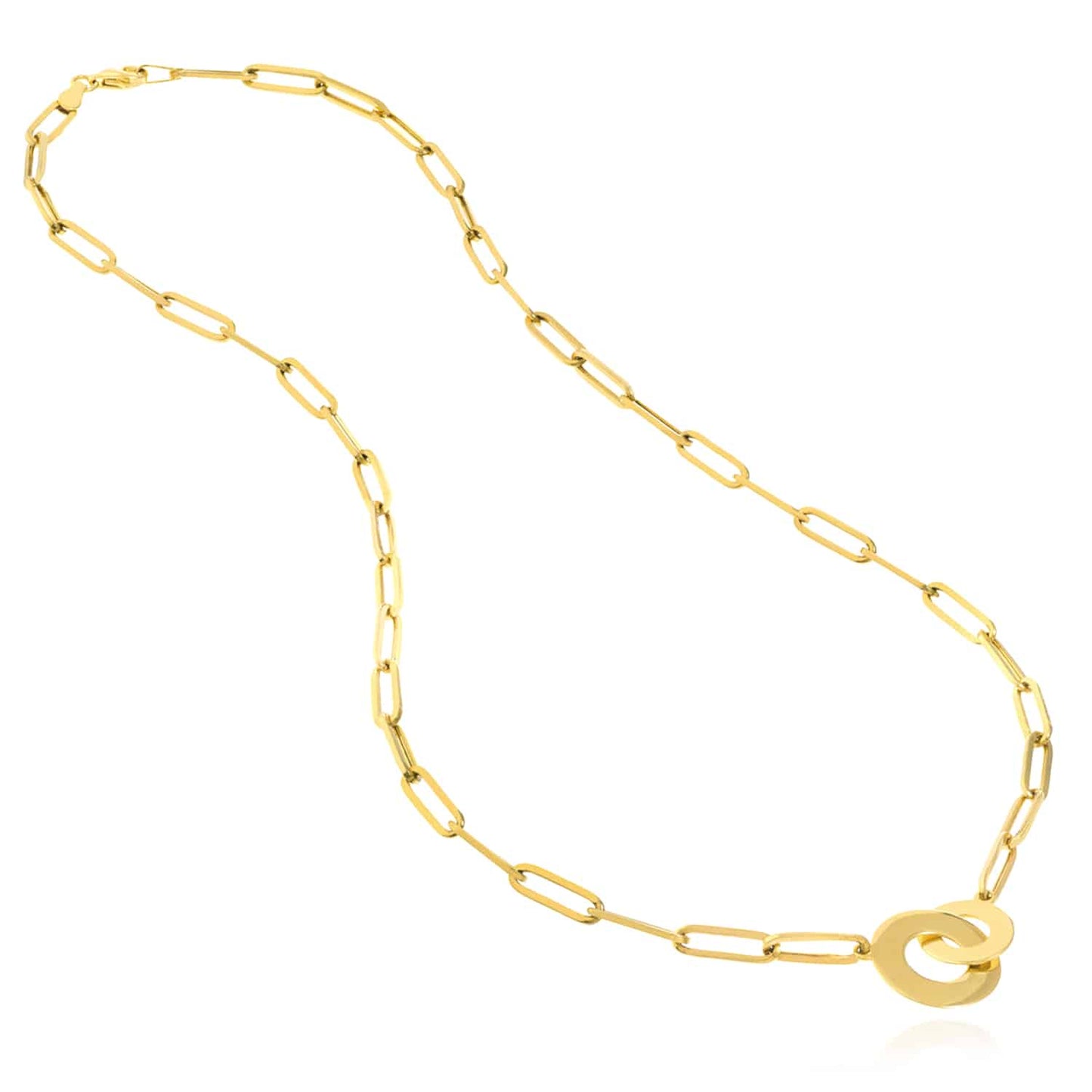 14K Real Gold Interlocked Circle Round Pendant Paperclip Necklace 18"