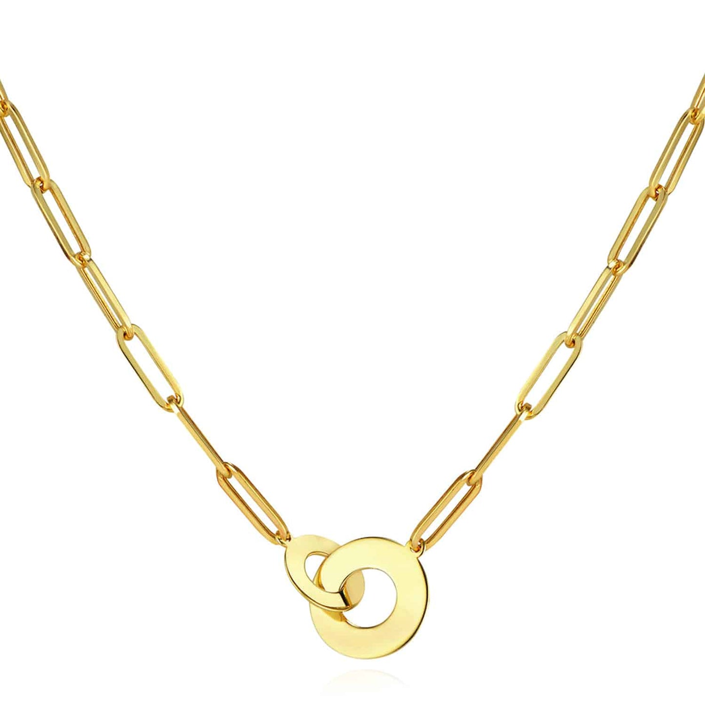 14K Real Gold Interlocked Circle Round Pendant Paperclip Necklace 18"