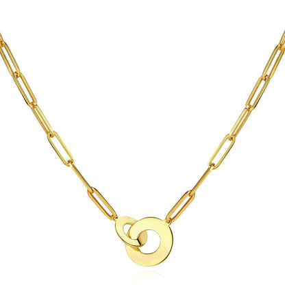 14K Real Gold Interlocked Circle Round Pendant Paperclip Necklace 18"