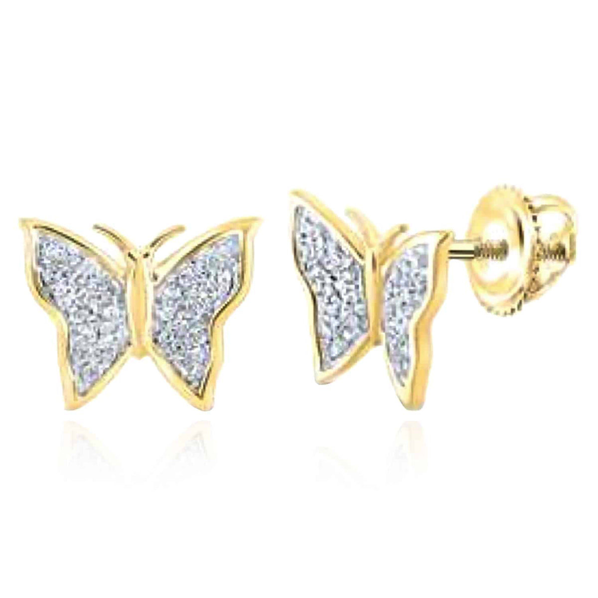 0.12CTW Natural Diamond 10K Gold Yellow White Butterfly Stud Earrings 9mm - WJD Exclusives