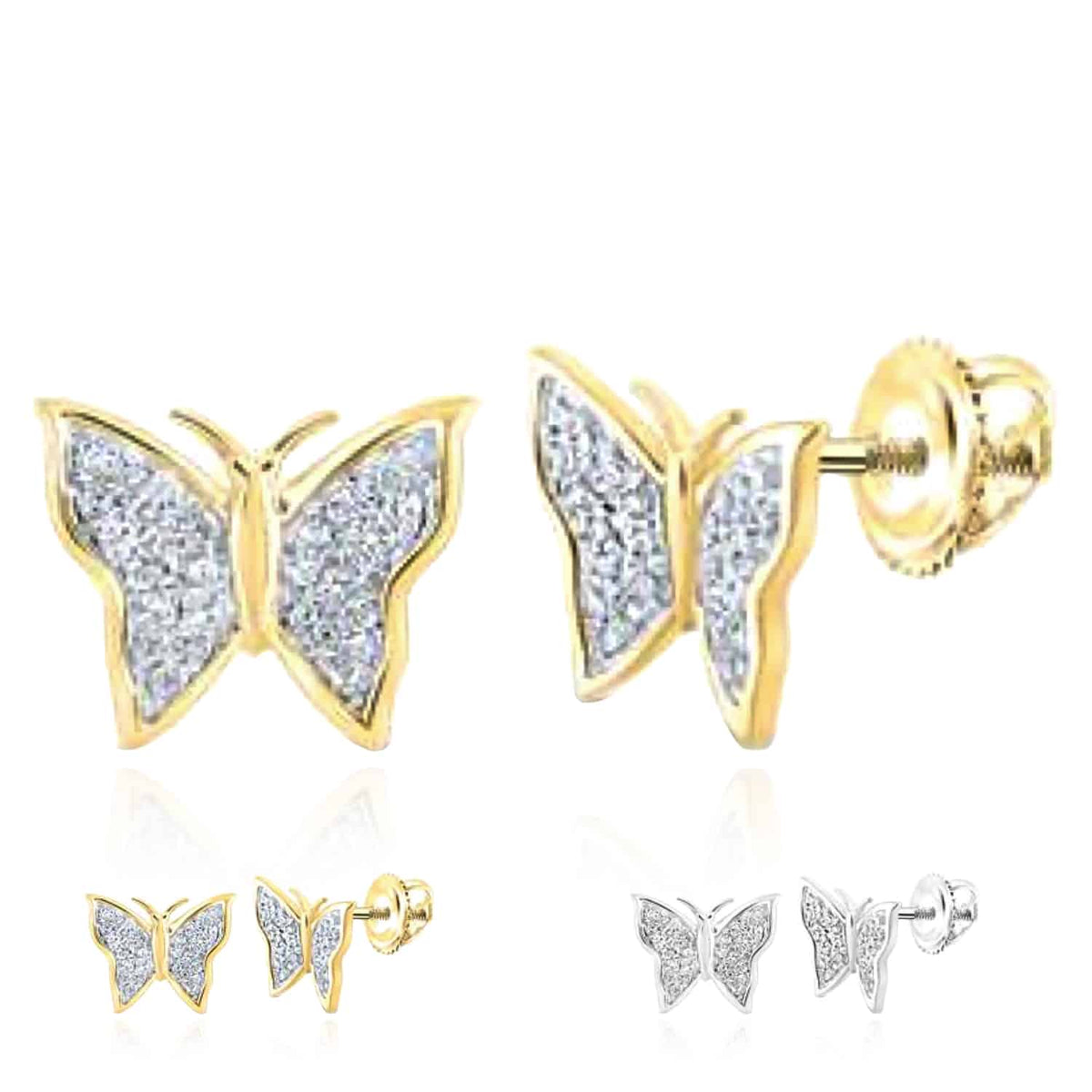 0.12CTW Natural Diamond 10K Gold Yellow White Butterfly Stud Earrings 9mm - WJD Exclusives