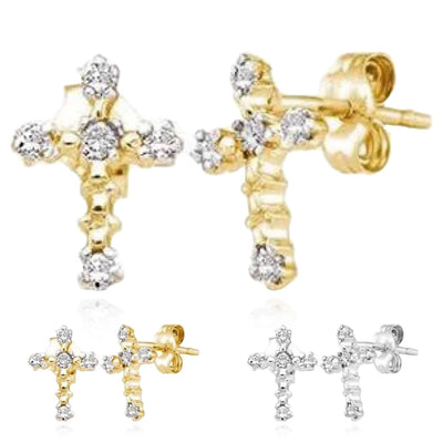 0.05CTW Natural Diamond 10K Gold Yellow White Cross Stud Earrings 10mm - WJD Exclusives