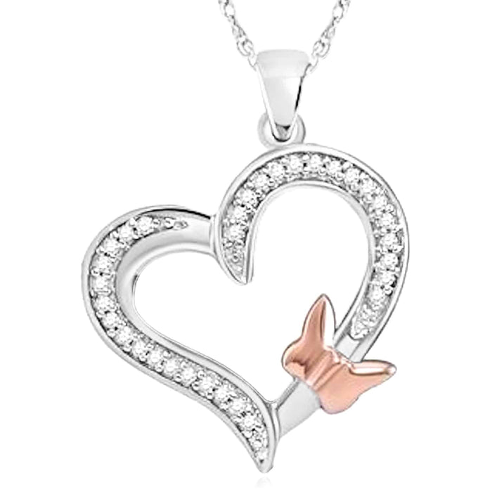 0.10CTW Natural Diamond 10K Gold Yellow White Rose Butterfly Heart Pendant 0.9" - WJD Exclusives