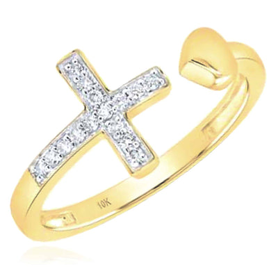 0.10CTW Natural Diamond 10K Yellow Gold Cross Heart Cocktail Bypass Ring - WJD Exclusives
