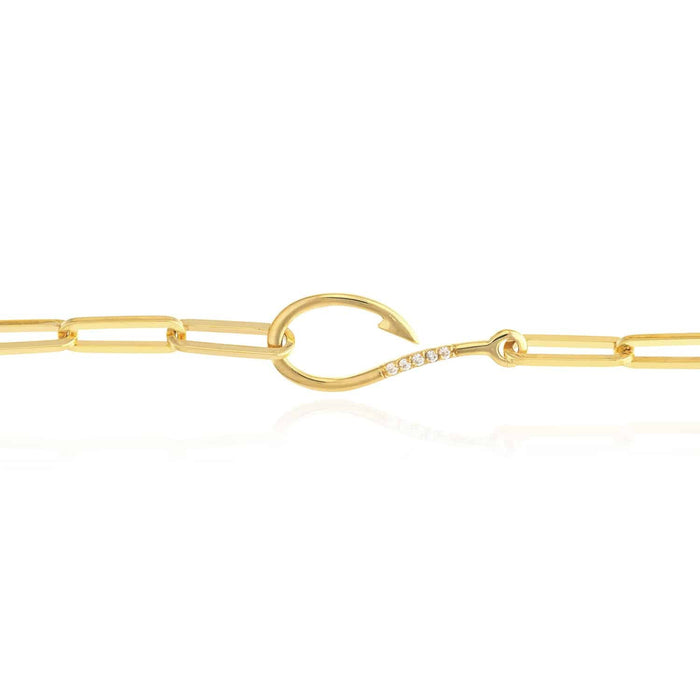 0.03CTW Natural Diamond 14K Yellow Gold Fish Hook Paperclip Bracelet (Hollow) 7.5" - WJD Exclusives