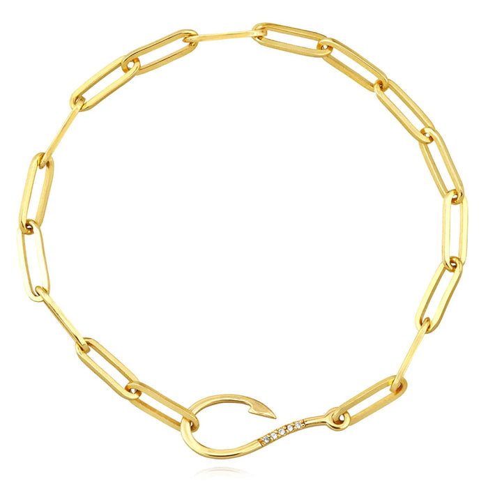 0.03CTW Natural Diamond 14K Yellow Gold Fish Hook Paperclip Bracelet (Hollow) 7.5" - WJD Exclusives