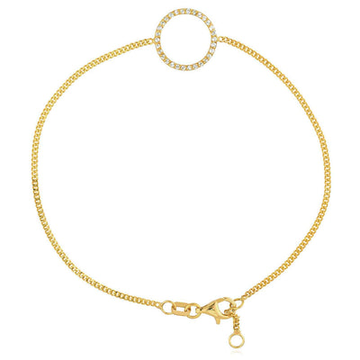 0.15CTW Natural Diamond 14K Yellow Gold Cuban Circle Charm Bracelet (Solid Links) 7" - 7.5" Adjustable - WJD Exclusives