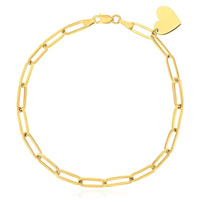 14K Yellow Gold Paperclip Heart Charm Bracelet (Hollow) 7.5" - WJD Exclusives