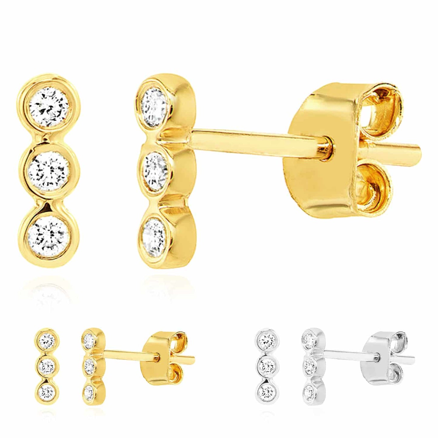 0.08CTW Real Diamond 14K Real Gold Yellow White Triple Stud Earrings 7mm