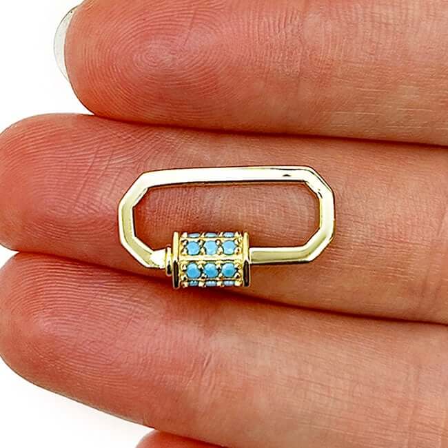 14K Gold Turquoise Carabiner Pendant 0.8" for Split Chains - WJD Exclusives