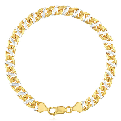 Solid 14K Real Gold Two-Tone Yellow White 7mm Anchor Mariner Bracelet 8.5"