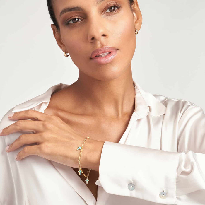 14K Yellow Gold Figaro Rolo Turquoise Enamel Cross Station Bracelet (Hollow) 7.5" - WJD Exclusives