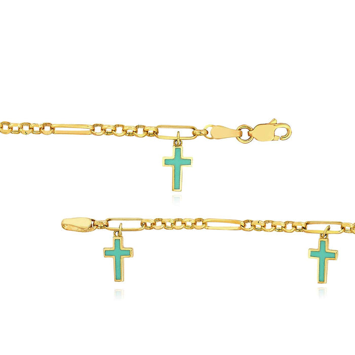 14K Yellow Gold Figaro Rolo Turquoise Enamel Cross Station Bracelet (Hollow) 7.5" - WJD Exclusives