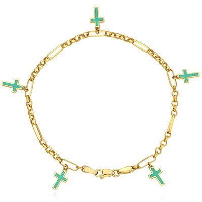 14K Yellow Gold Figaro Rolo Turquoise Enamel Cross Station Bracelet (Hollow) 7.5" - WJD Exclusives