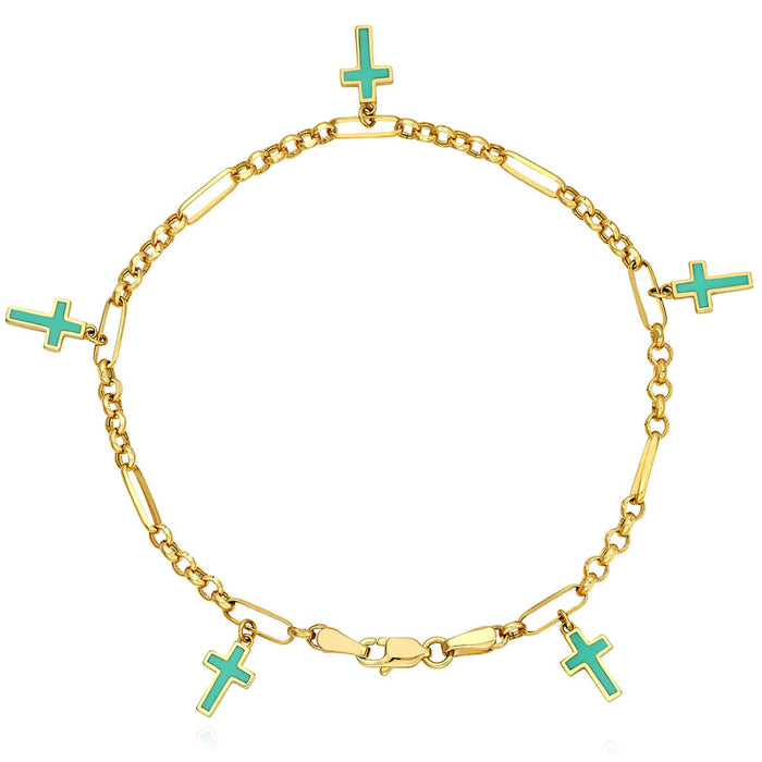 14K Yellow Gold Figaro Rolo Turquoise Enamel Cross Station Bracelet (Hollow) 7.5" - WJD Exclusives