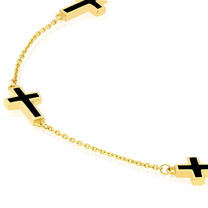 14K Yellow Gold Turquoise Black Enamel Cross Station Bracelet (Solid Links) 7" - 7.5" Adjustable - WJD Exclusives