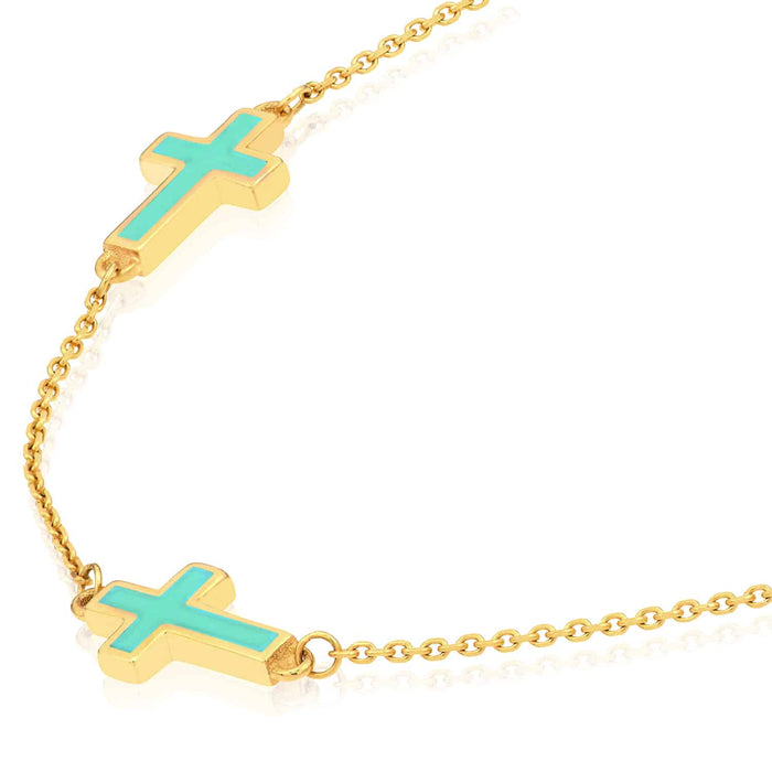 14K Yellow Gold Turquoise Black Enamel Cross Station Bracelet (Solid Links) 7" - 7.5" Adjustable - WJD Exclusives