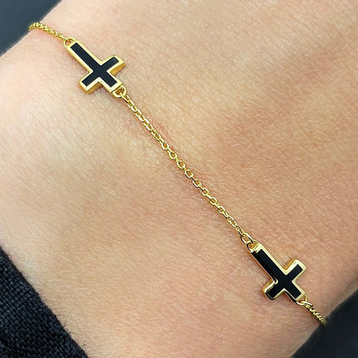 14K Yellow Gold Turquoise Black Enamel Cross Station Bracelet (Solid Links) 7" - 7.5" Adjustable - WJD Exclusives