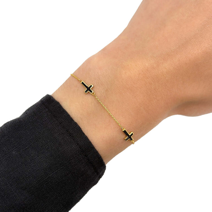 14K Yellow Gold Turquoise Black Enamel Cross Station Bracelet (Solid Links) 7" - 7.5" Adjustable - WJD Exclusives