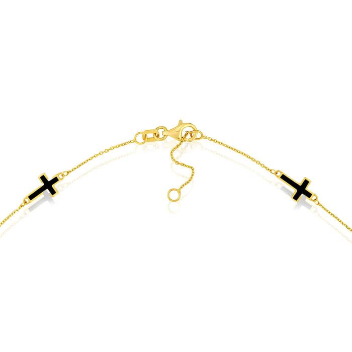 14K Yellow Gold Turquoise Black Enamel Cross Station Bracelet (Solid Links) 7" - 7.5" Adjustable - WJD Exclusives