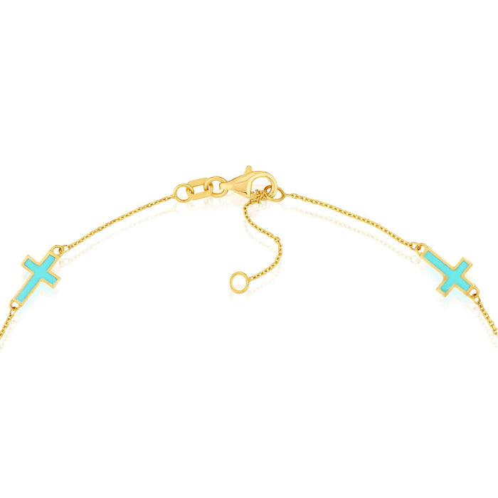 14K Yellow Gold Turquoise Black Enamel Cross Station Bracelet (Solid Links) 7" - 7.5" Adjustable - WJD Exclusives
