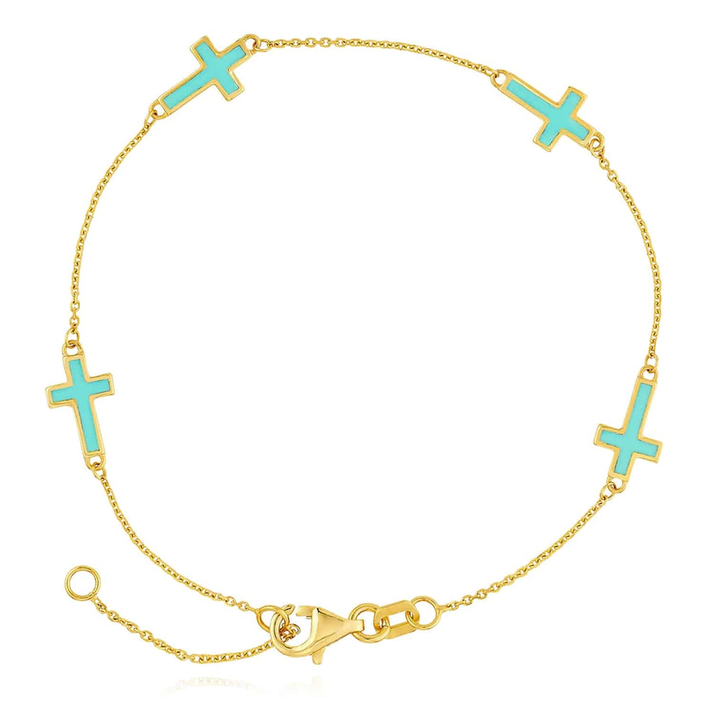 14K Gold Yellow Turquoise Black Enamel Cross Station Bracelet 7"-7.5" Adjustable