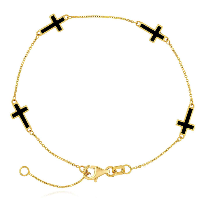 14K Yellow Gold Turquoise Black Enamel Cross Station Bracelet (Solid Links) 7" - 7.5" Adjustable - WJD Exclusives