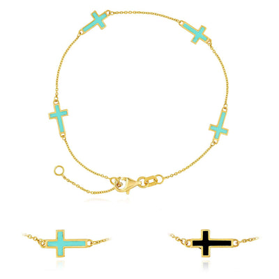 14K Yellow Gold Turquoise Black Enamel Cross Station Bracelet (Solid Links) 7" - 7.5" Adjustable - WJD Exclusives