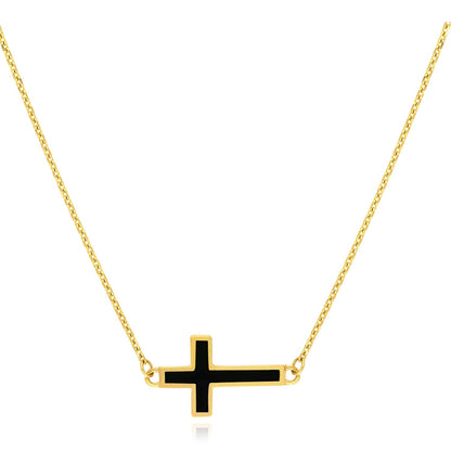 14K Real Gold White Black Turquoise Sideways Cross Pendant Necklace 16-18" Adj