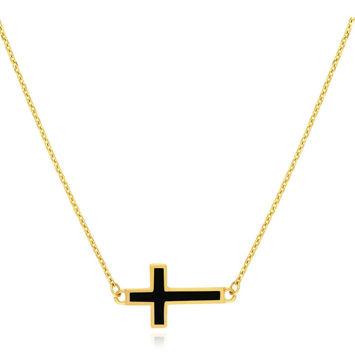 14K Yellow Gold Black White Turquoise Sideways Cross Necklace (Solid Links) 16" - 18" Adjustable - WJD Exclusives